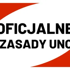 Grafika z napisem "OFICJALNE ZASADY UNO" na białym tle z czerwonymi elementami.